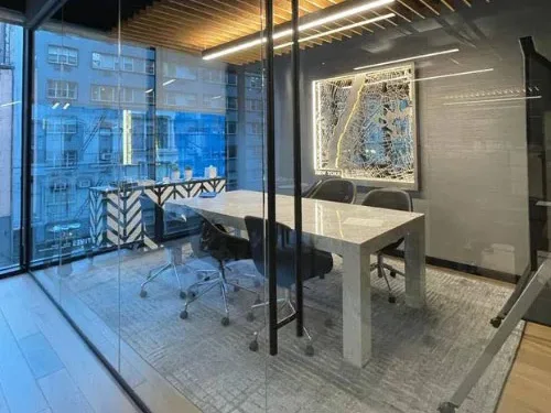 Glass-walled meeting room in a public building